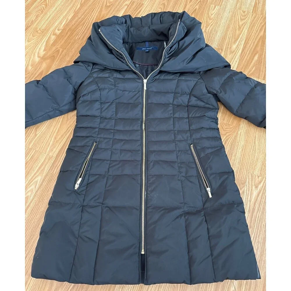Cole Haan Coat Womens Med Black Puffer Quilted Down Zip Pockets Hooded - Picture 2 of 9